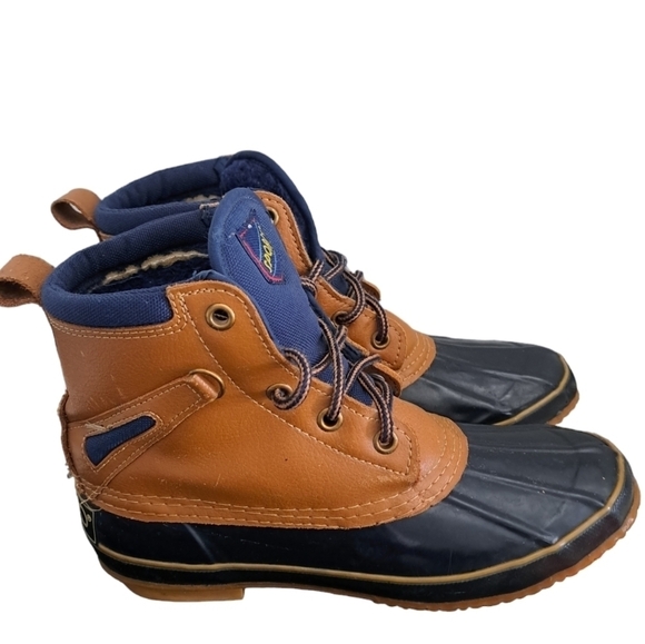 SPORTO Duck boots short booties winter slush rain all weather tan blue worn M 7 - Picture 2 of 11